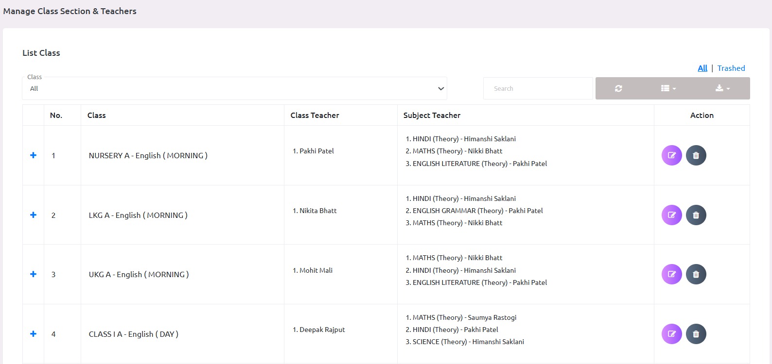 Class Section & Teachers