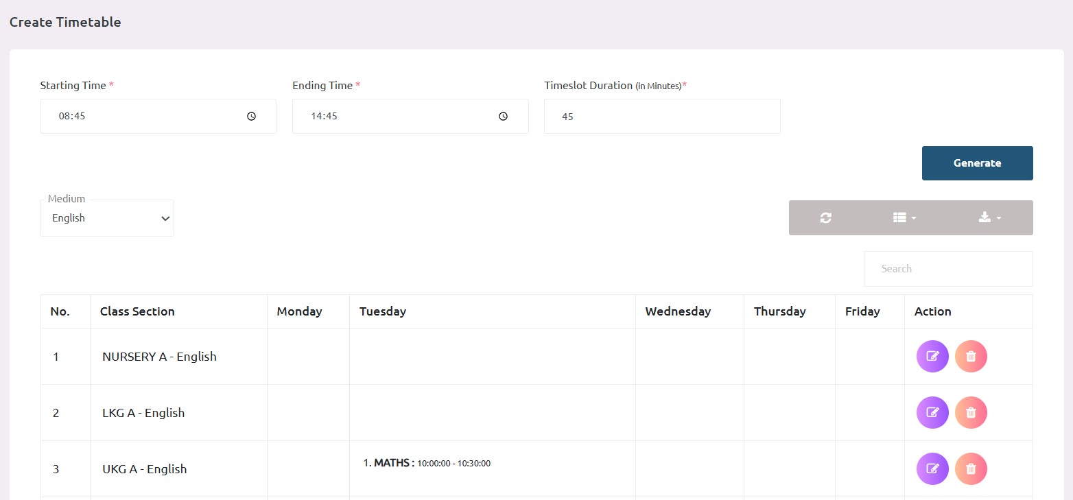 Create Timetable
